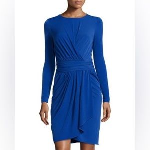 Tahari Celine Ruched Body Con Stretch Draped Long Sleeve Dress in Cobalt Blue